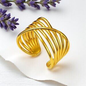🆕 Modern Chic Crisscross Ring 18K Gold Plated Stainless Steel Adjustable Band